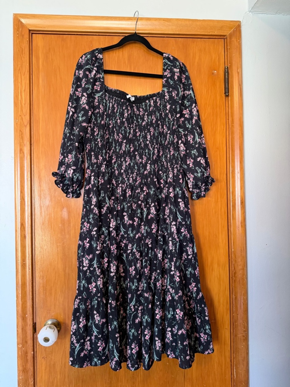 Baltic Born Black Floral Midi Dress with Pink Flowers